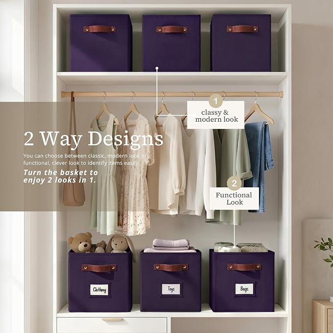 DECOMOMO Storage Bins, Storage Baskets for Shelves | 13" x 15" x 13" Storage Cube Bins with Labels for Organizing Shelves (Kallax, 4pcs, Deep Violet)