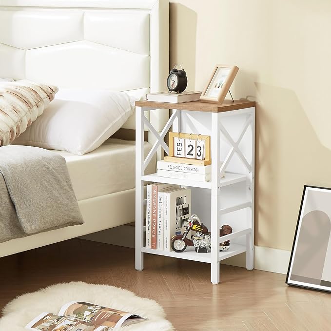 MNEETRUNG Small Bookshelf,3 Tier Industrial Bookcase with Metal Frame and Backboard,Low White Book Shelf,Book case for Small Spaces,Living Room,Bedroom and Home Office