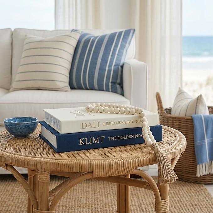 Set of 2 Premium Linen Decorative Books with Hidden Storage - Stackable Faux Book Box for Coffee Table Styling & Organization, Real Fabric Cover Fake Books as Display Riser for Shelf & Entryway
