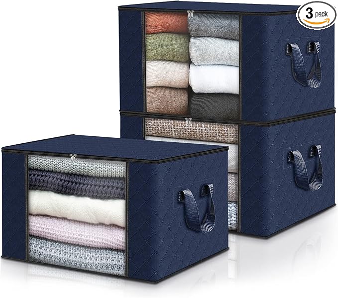 Fab totes Storage Bags,Clothes Blanket Storage Bins Foldable Closet Organizers with Reinforced Handle for Home Dorm Storage and Organization,Fabric Bags for Organizing Sheets,Clothing (Blue,3 Pack)