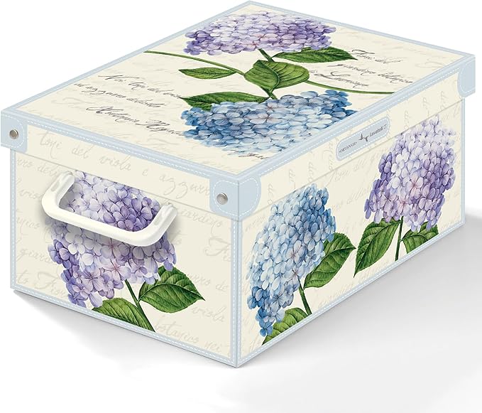 Lavatelli: Storage Box: Small - Hortensia Hydrangeas - Lid-Side Handles, Decorative Cardboard Organizer, Folds, Home-Clothes-Linens, 13.8 x 9.8 x 6.9