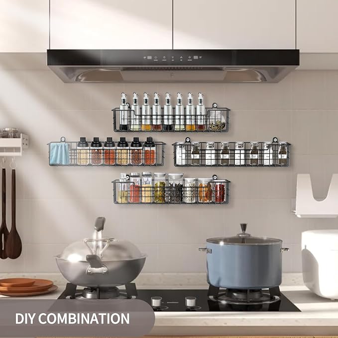 Spice Rack Organizer Wall Mount, Spice Organization Storage Shelf for Cabinet Door, 2 Packs Wall Spice Rack Saving Space for Kitchen, Black