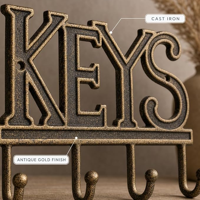 Comfify Gold-Black Cast Iron Key Holder for Wall – Keys Sign with 4 Hooks | Warm gold with black antique finish; mounting hardware included; entryway, hallway or door; 6"H x 8"L; holds 8 keychains
