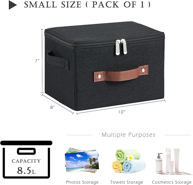 Storage Bins with Zipper Lid Cotton Linen Fabric Lidded Storage Baskets Boxes Foldable Washable Closet Shelf Clothes Organizer Container with PU Leather Handles (Black, Small Size)
