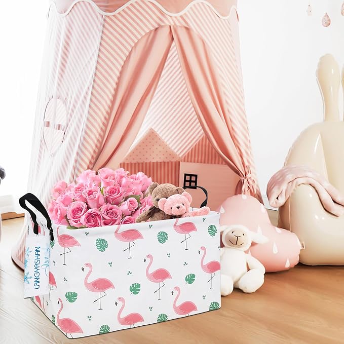 Rectangular Collapsible Leaf Flamingo Storage Basket Nursery Organizer | Storage Bin Foldable Canvas with Handles for Organizing Home Kitchen Children Toys Office Closet Shelf Baskets