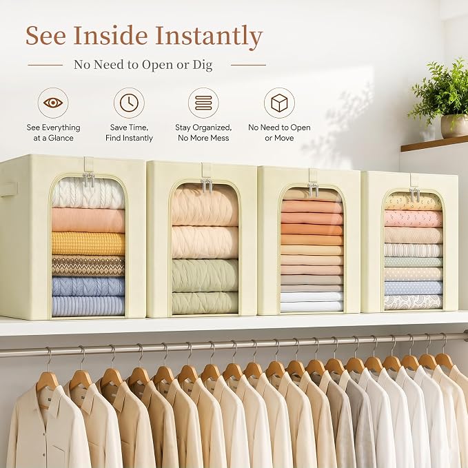 GoMaihe Clothes Storage Bins with Metal Frame, 55L Blanket Storage Boxes for Above Shelf Closet, 4 Pack Stackable Clothing Storage Organizer with Clear Window for Bedding Sweaters Comforters – Beige