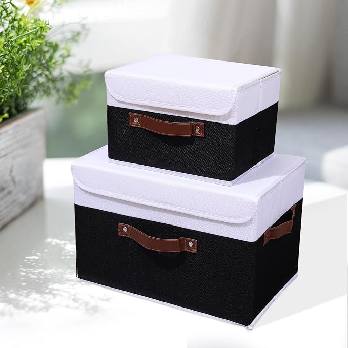 ANMINY Storage Boxes with Lids Washable Decorative Storage Bins Basket with PU Leather Handle Foldable Linen Fabric Storage Cubes Containers for Home Closet Organizer - Black White, Medium