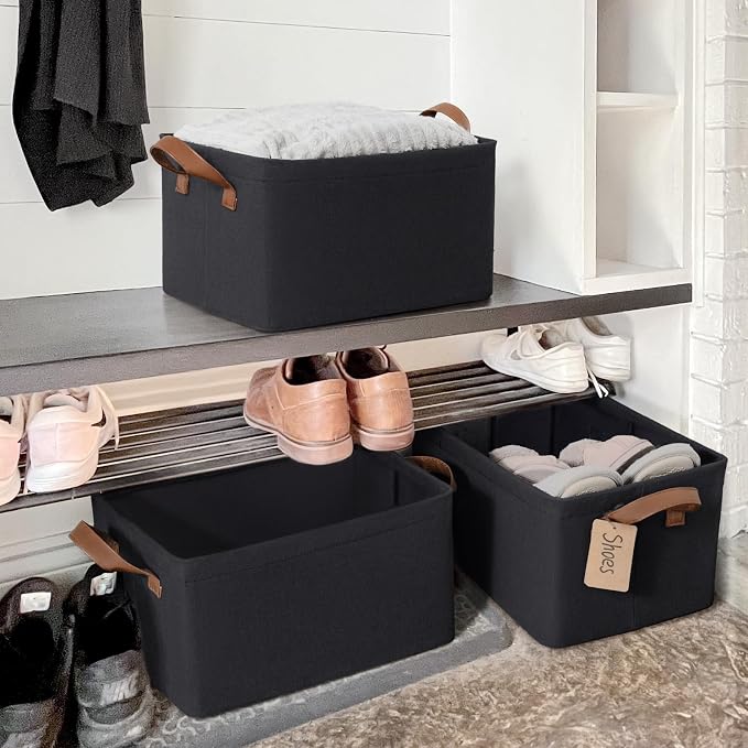 CHICVITA Storage Baskets for Shelves, Large Fabric Storage Bins with Metal Frame, Closet Storage Bins for Clothes Toy Organizer, 16 ¾" L x 11" W x 9 ¾" H, Black, 4-Pack