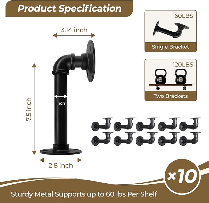 Industrial L Pipe Shelf Brackets for 8-16 in Depth Wood,Heavy-Duty 3/4" Iron,Wall Mount Floating Shelf Bracket L Metal Pipe Shelving Brackets for Wood-Black DIY Pipe Shelves(7.5*3.1 Inch 10 Pack)