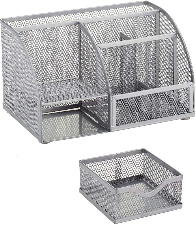 Annova Mesh Desk Organizer Office with 7 Compartments + Drawer/Desk Tidy Candy/Pen Holder/Multifunctional Organizer (Silver)