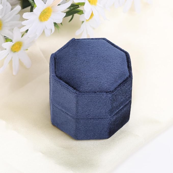 WantGor Velvet Ring Box, 3 Slots Jewelry Ring Gift Box Vintage Ring Holder | Ring Display Case for Wedding Ceremony Proposal Engagement (Navy Blue)