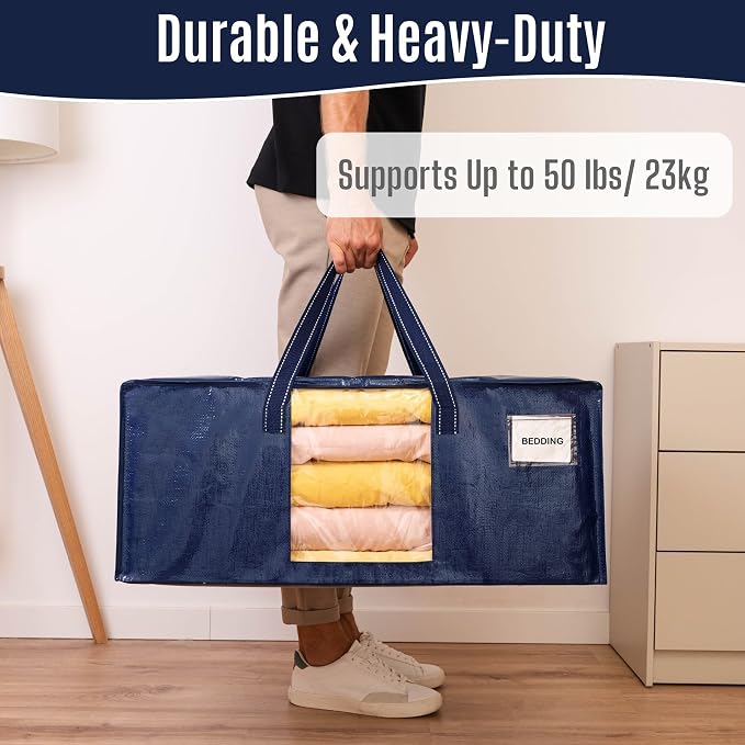VENO 8 Pack Heavy Duty Moving Bags, Packing Bags with Clear Window, Alternative to Moving Boxes, Storage Bins for Clothes, Blankets, Comforters, College Dorm Essentials (Blue, 8 Pack)