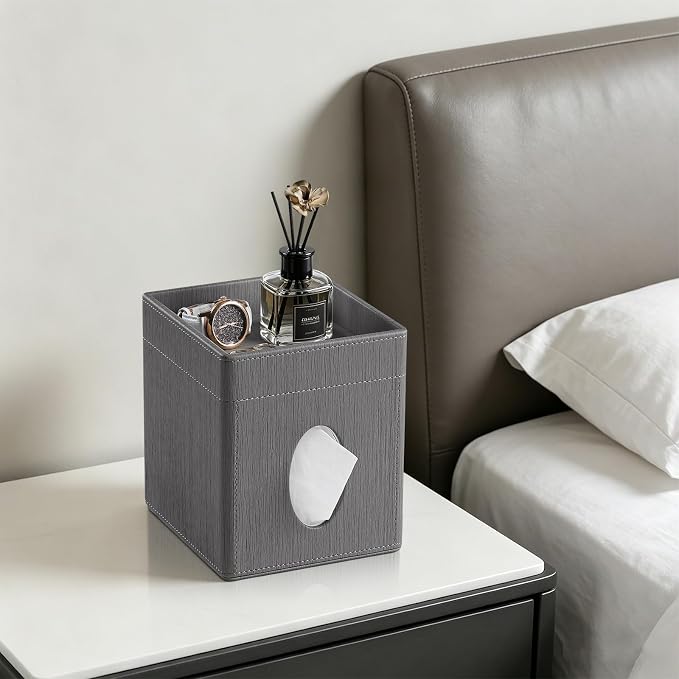 Tissue Box Cover, PU Leather Square Tissue Box Holder with Storage Tray for Bathroom Vanity Countertop Night Stands Bedroom Office Desk, Stylish Tissue Holder Decorative Organizer (Gray)