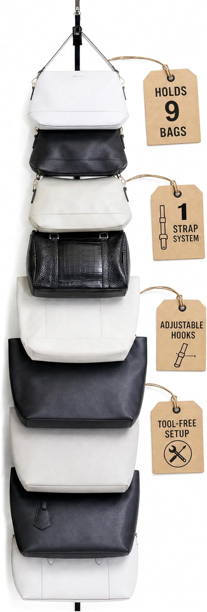 Perfect Curve Handbag and Purse Organizer | Hold up to 9 Bags | Over the Door Organizer | Adjustable Clips | 1 Strap | Black