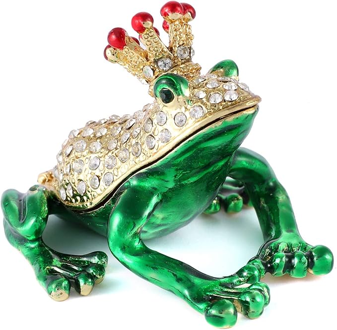 QIFU Mini Frog Prince Figurine Hand Painted Enamel Hinged Jewelry Trinket Box, Unique Gift for Family