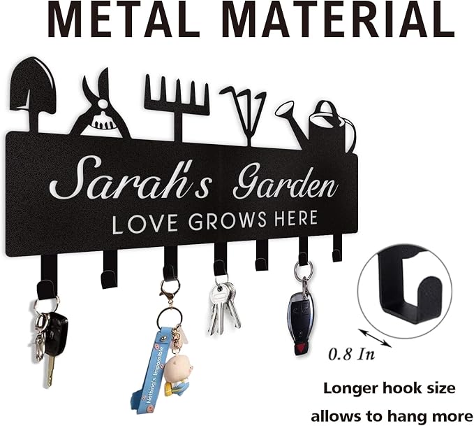 Dyoart Personalized Key Holder for Wall, Custom Name Wall Mounted Black Key Hanger with Horticultural Garden Design, Key Racks Organizer for Hallway Entryway Front Door Storeroom Decor