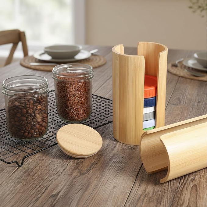 2Pcs Mason Jar Lid Organizer, Bamboo Vertical Storage Holder, Mason Jar Accessories, Bamboo Storage Holder for Home Kitchen Organization & Tumbler Lids (Wide Mouth)