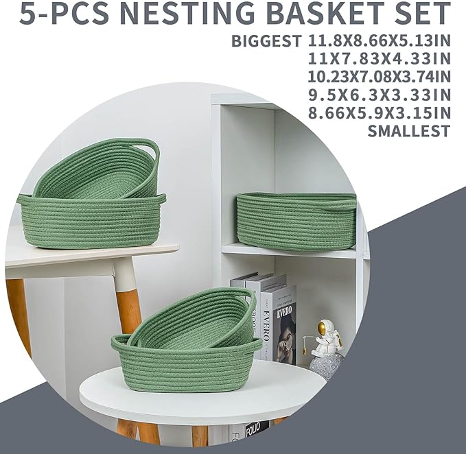 CubesLand Small Storage Basket Cotton Rope Organizer Baskets for Shelves | Set of 5 Decorative Closet Storage Bins with Handle for Countertop, Toilet Paper Basket for Toilet Tank Top, Green Basket