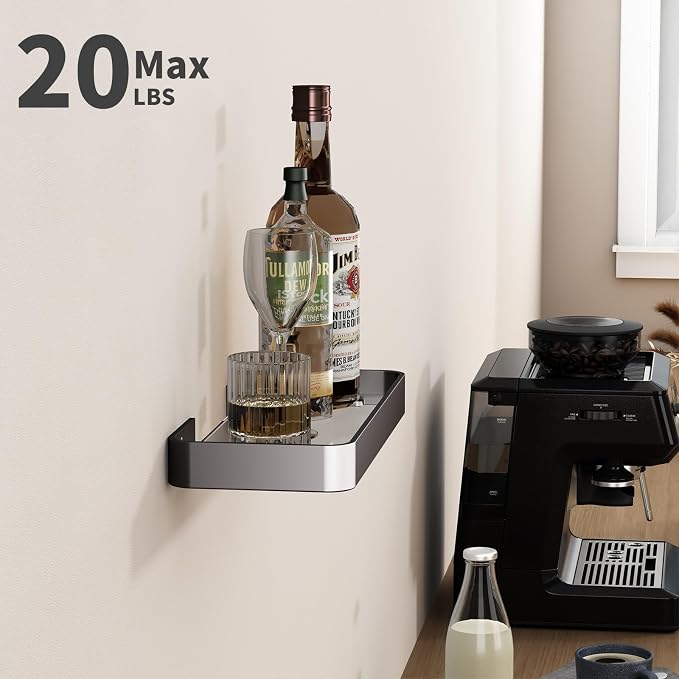 Danpoo 12-Inch Wall Shelf, Clear Tempered Glass with Matte Black Aluminum Frame – Versatile Floating Bathroom Organizer