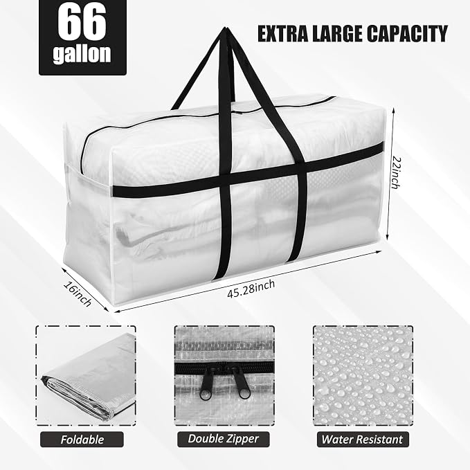 4 Pcs 66 Gallon Extra Large Moving Bags Heavy Duty Storage Bag with Strong Zipper Handle Foldable XXL Jumbo Storage Tote Packing Moving Box for College Dorm Travel Cloth Duffle (Clear)