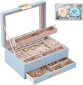 Lolalet Jewelry Organizer with Glass Lid, 2-Layer Jewelry Box Case with Drawer, Earrings Watch Ring Display Storage -Blue