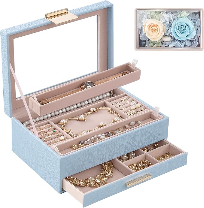 Lolalet Jewelry Organizer with Glass Lid, 2-Layer Jewelry Box Case with Drawer, Earrings Watch Ring Display Storage -Blue
