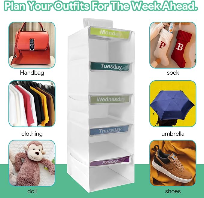 5 Shelf Weekly Hanging Closet Organizer Monday Through Friday Clothes White | Days of The Week Hanging Storage Shelves Foldable, Daily Close Organizer for Kids with 6 Side Pockets