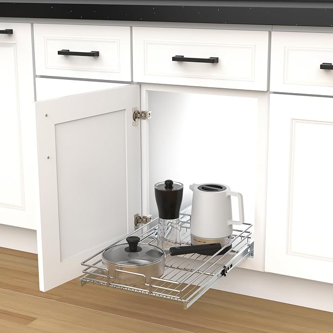 Pull Out Cabinet Organizer, Heavy-Duty Metal Sliding Drawer Shelf for Kitchen Cabinets, Chrome, Doesn't Include Door Fittings (17 * 21 IN)