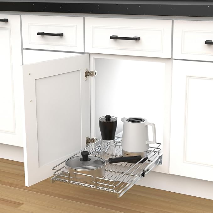 Pull Out Cabinet Organizer, Heavy-Duty Metal Sliding Drawer Shelf for Kitchen Cabinets, Chrome, Doesn't Include Door Fittings (11 * 21 IN)