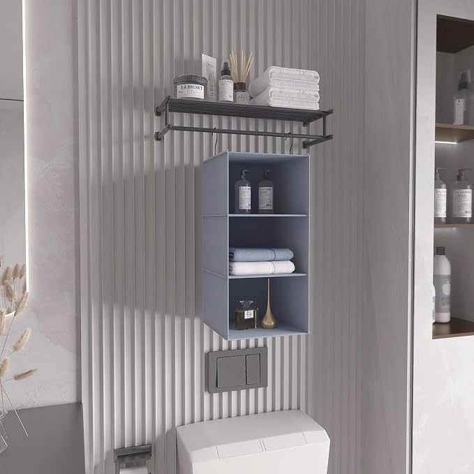 Hanging Closet Organizer 3-Shelf, Oxford Fabric Wardrobe Storage, Gray | Easy-mount foldable design holds clothes, handbags, shoes & accessories; washable Oxford fabric, sturdy and space-saving.