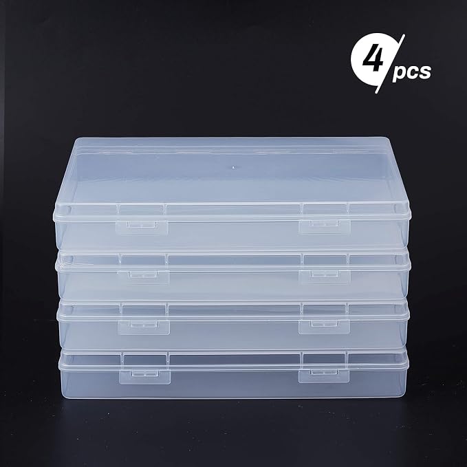 BENECREAT 4 Pack 8.8x6.5x1.2 Large Rectangle Clear Plastic Storage Containers Large Box Case with Double Buckles for Cards, Pens, Beads and Jewelry Findings