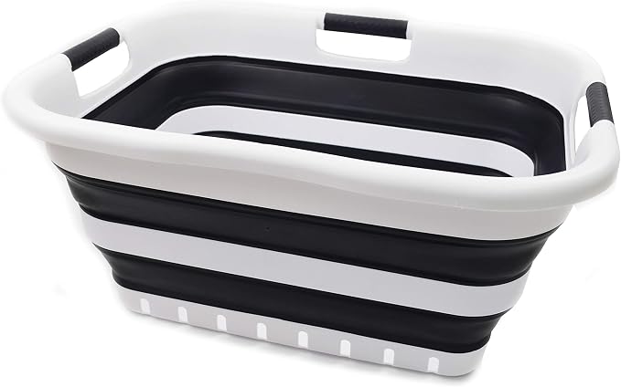 SAMMART 41L (10.8 gallon) Collapsible 3 Handled Plastic Laundry Basket - Foldable Pop Up Storage Container/Organizer - Portable Washing Tub - Space Saving Hamper/Basket (3 handled rectangular, Black)