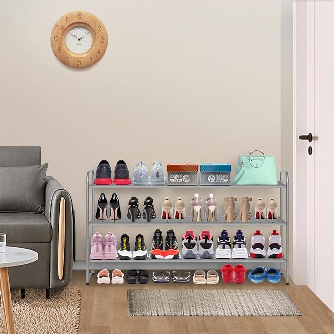 MISSLO Long 3 Tier Shoe Rack for Closet Shoe Organizer Storage Stackable Wide Shoe Shelf Holds 24 Pairs of Men Sneakers, Women Heels, Boots, Grey