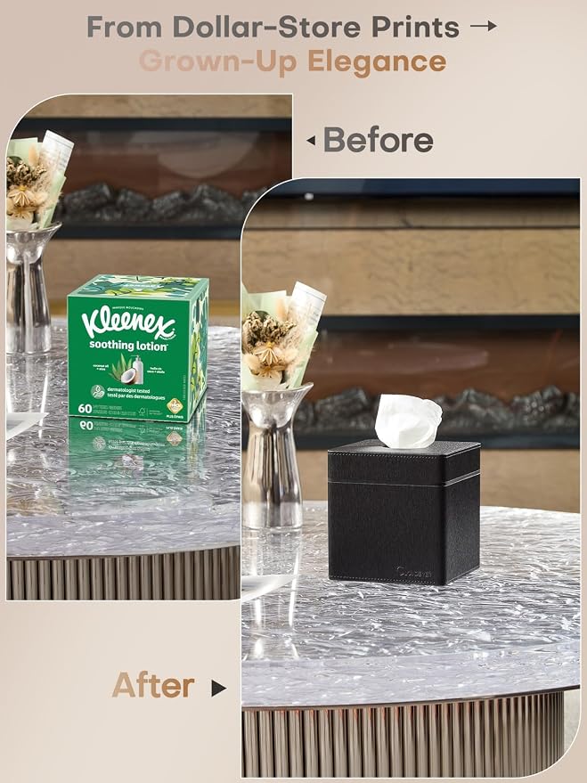 Square Tissue Box Cover Holder with Patented Texture for Kleenex/Puffs Cubes | Desktop & Shelf Decor | Stardust Black/Polar Ice/Liquid Iridium | Patented Metal-Look PU Leather-Stardust Black