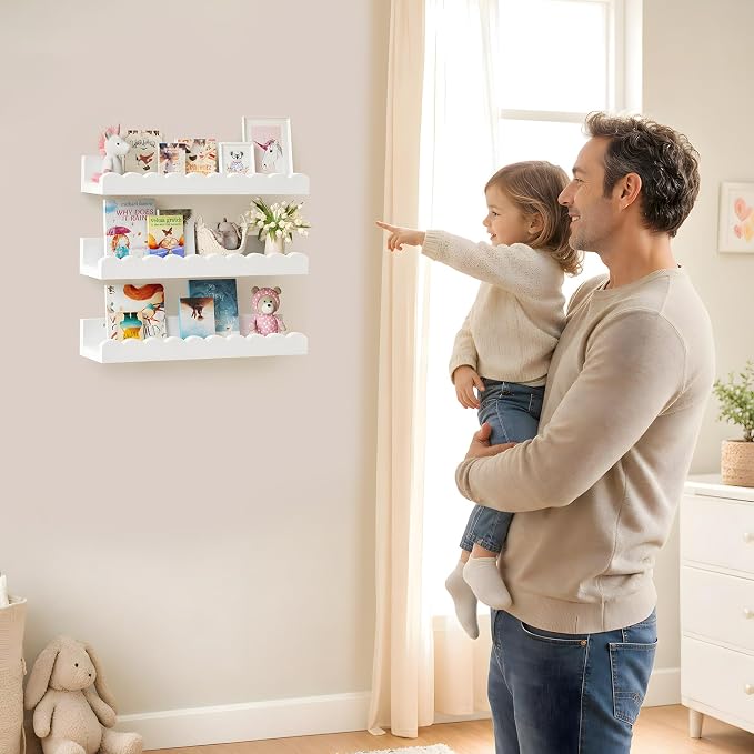 3-Pack Scalloped Shelves, Nursery Shelves for Wall, Floating Nursery Book Shelves for Kids, White