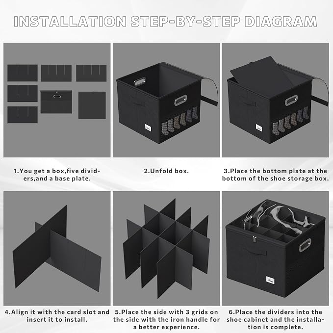 2 Pack Shoe Organizer for Closet Large Shoe Box Storage Containers with Clear Window Space Saving Shoe Bin with Foldable Bottom Support Adjustable Dividers Fits 32 Pairs (Black, (16.5*16.5*13in)*2)