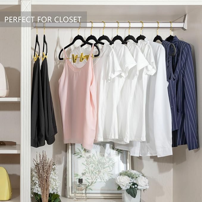 MIZGI Premium Velvet Pants Hangers with Adjustable Clips (Pack of 20) Slim Skirt Hangers- Non Slip Felt Outfit Dress Hangers Black - Gold Hooks,Space Saving Shirt Clothes Hangers