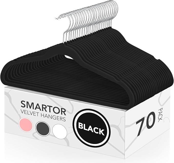 Black Velvet Hangers 70 Pack, Non Slip Felt Slim Hangers for Space Saving | 360° Silver Hooks; Shoulder Notches; Heavy Duty for Coats, Suits, Dresses, Shirts, Jackets and Pants for Closet Organizer