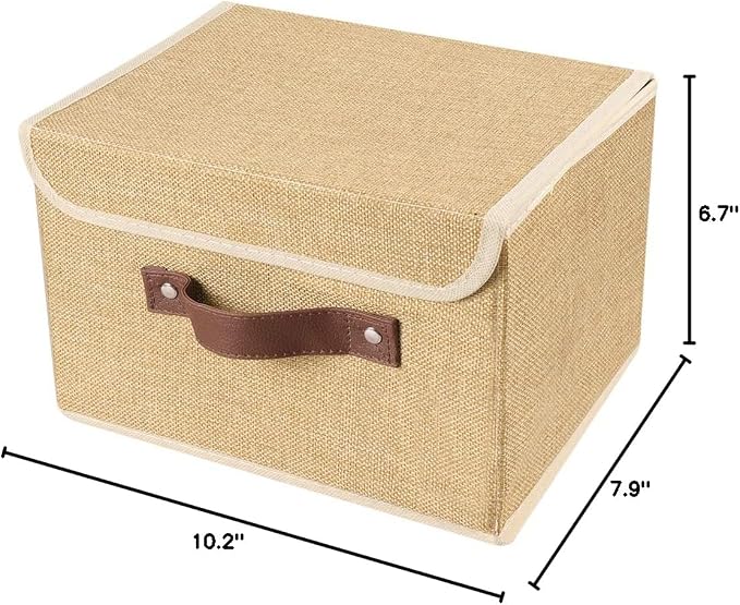 2Pack Storage Bins Boxes with Lids 10" x 8" x 7" Decorative Storage Baskets | Cotton Linen Fabric, Collapsible, Faux Leather Handles, Storage Cubes, Closet Shelf Clothes Organizer Container, Khaki