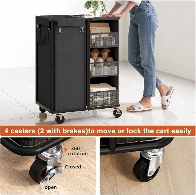 WOWLIVE Laundry Sorter with Wheels, 100L Rolling Laundry Hamper | Laundry Cart with Steel Frame, Laundry Basket with Hanging and Removable Bag, Storage Unit Basket Organizer for Dorm, Black