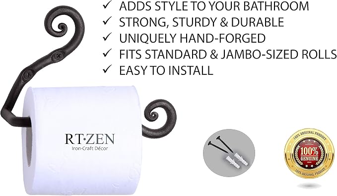 RTZEN Bathroom Toilet Paper Holder - Handcrafted Rustic Wrought Iron Wall Decor Toilet Roll Holder - Black Matte Wall Mount Bar for Modern Farmhouse Bathroom Decor