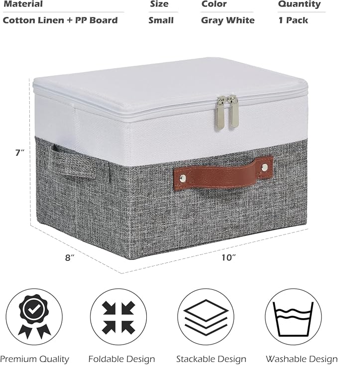 Storage Boxes with Zipper Lid Cotton Linen Fabric Lidded Storage Bins Baskets Foldable Washable Closet Shelf Clothes Organizer Container Faux Leather Handles (Gray White, Small)