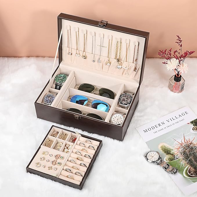 LANDICI Jewelry Box Organizer for Men Women, 2 Layer 4 Slot Watch Storage Case with Removable Tray, PU Leather Large Jewellery Holder Display for Watches Sunglasses Rings Earrings Necklace, Coffee