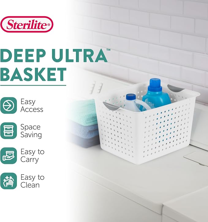 Sterilite 6-Pack Deep Ultra Basket, Open Top Plastic Storage Organizer, White - Large Containers for Organizing Pantry Shelves, Kitchen Cabinets, Laundry Areas, Dorm Rooms, and Classrooms