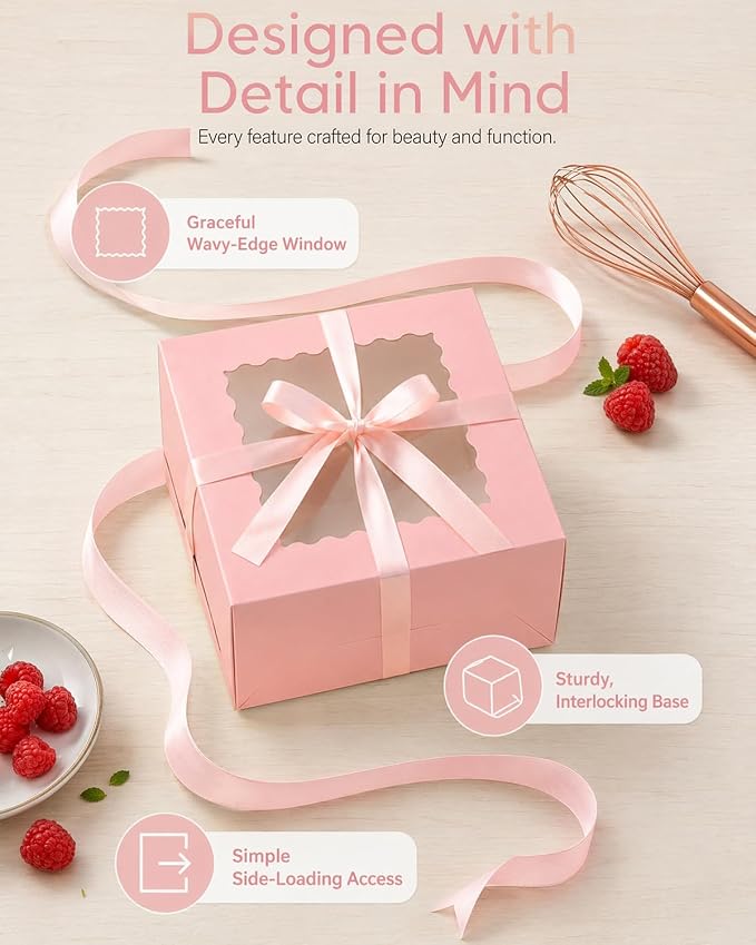 qiqee 10"x10"x5" Cake Box, 36 Sets Pink Cake Box with Window ＆ 36 Sets 10" Pink Cake Round Boards, for Cake, Treat Cookie Dessert, Pastry, Birthday Party, Weddings