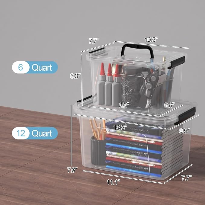Wekioger 2 Pack Clear Plastic Storage Bins with lids, 6 Quart & 12 Quart Container Boxes