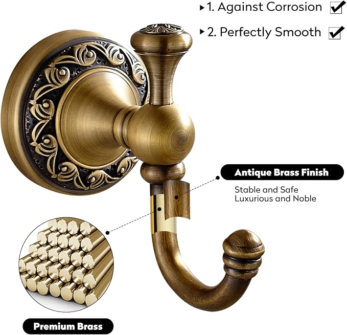 Leyden Antique Brass Towel Hook, Bathroom Robe Hooks, Wall Mounted Retro Single Door Coat Clothes Hanger