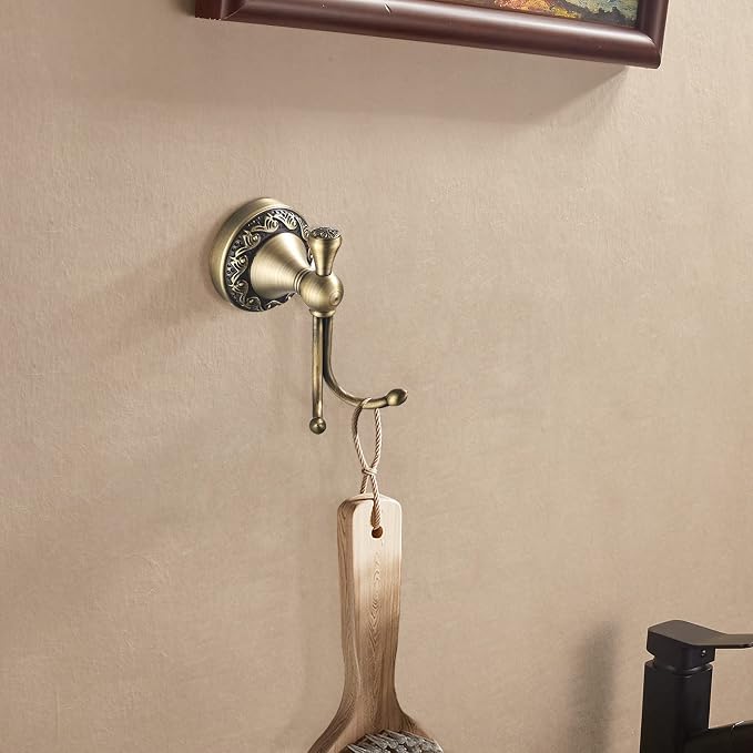 Leyden Antique Brass Towel Hook, Bathroom Robe Hooks, Brushed Double Coat Clothes Hanger Hook Vintage Style Wall Mounted