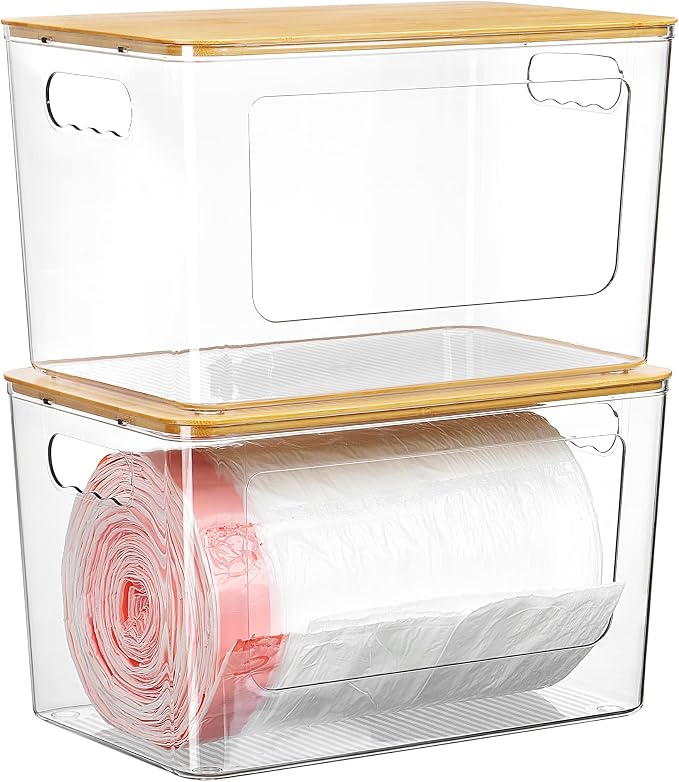 Vtopmart 2 Pack Trash Bag Holder with Bamboo Lid, Garbage Bag Dispenser | Stackable Trash Bag Organizer for 13/30/33 Gallon Bags, Clear Organizer Bins for Under Sink, Laundry Room Organization