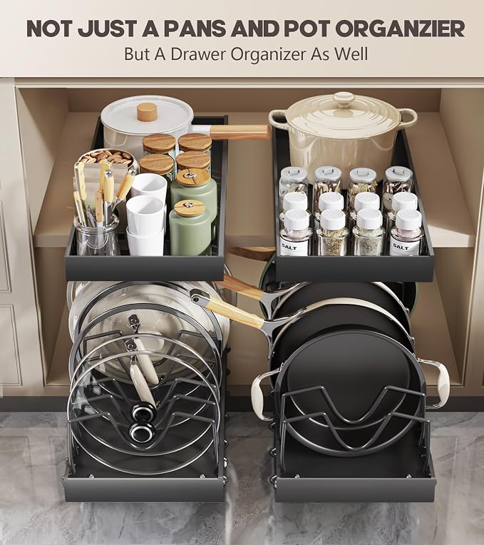 Lozovin Pull Out Pots and Pans Organizer Under Cabinet, Sliding Lid Holder and Pan Rack in Kitchen, Slide Out inside Cabinet Storage for Pot Lid, Bakeware, Dishes, 8 Adjustable Dividers, 1 Pack Black